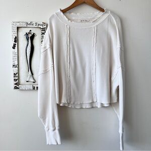 We The Free Waffle Knit Cotton WTF Thermal Top Ivory Oversized Long Sleeves Sz S